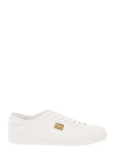 Dolce & Gabbana Portofino White Monocrom Low Top Sneakers With Logo Plaque In Leather Man