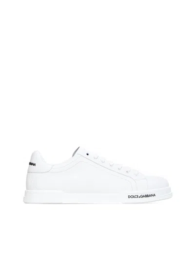 Dolce & Gabbana Portofino' White Low Top Sneakers With Contrasting Logo Detail In Leather