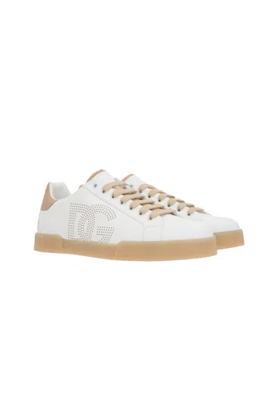 Dolce & Gabbana Round Toe Low-top Sneakers With Rubber Sole In Bianco/crema