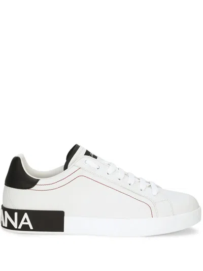 Dolce & Gabbana Portofino White And Black Low Top Sneakers With Logo Detail In Leather Man