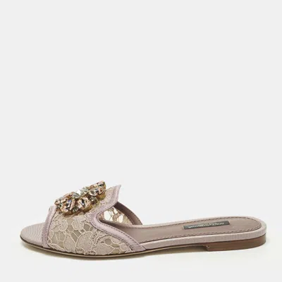 Pre-owned Dolce & Gabbana Sofia Size 36 Purple Lace And Satin Crystal Embellished Flat Slide