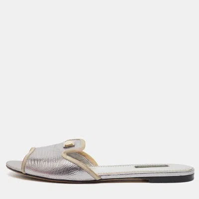 Pre-owned Dolce & Gabbana Sofia Size 38 Silver Lizard Embossed Leather Flat Slides