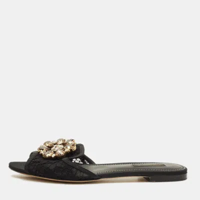 Pre-owned Dolce & Gabbana Sofia Size 38.5 Black Lace Crystal Embellished Flat Slide Sandals