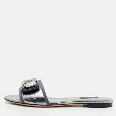 Pre-owned Dolce & Gabbana Sofia Size 39 Silver Snakeskin Embossed Leather Crystal Embellished Flat Sandals