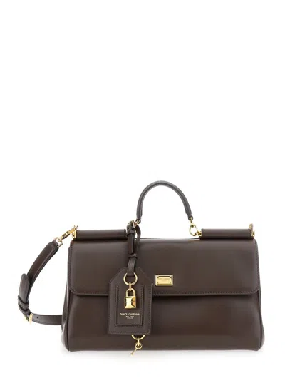 DOLCE & GABBANA BROWN HANDBAG WITH KEY AND PADLOCK DETAIL AND ADJUSTABLE AND REMOVABLE SHOULDER STRAP IN LEATHER WOM