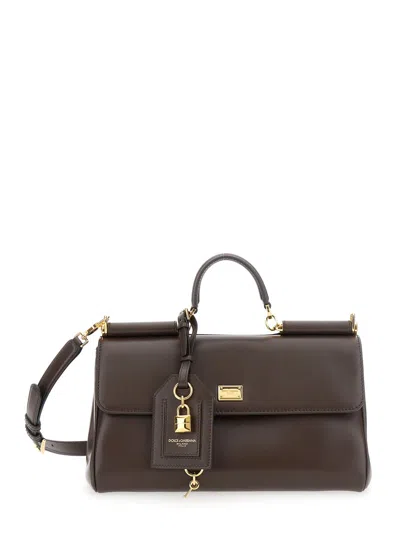 DOLCE & GABBANA BROWN HANDBAG WITH KEY AND PADLOCK DETAIL AND ADJUSTABLE AND REMOVABLE SHOULDER STRAP IN LEATHER WOM