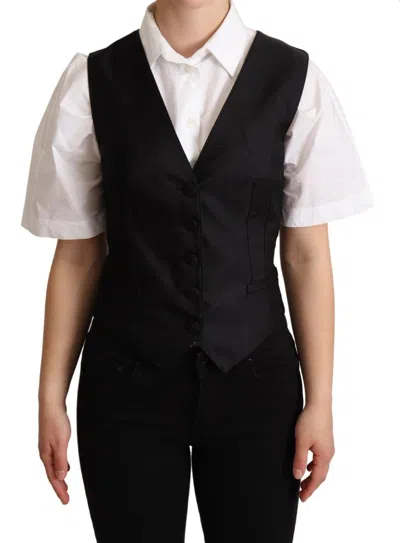 Dolce & Gabbana Solid Black Silk Sleeveless Waistcoat Vest Women's Top
