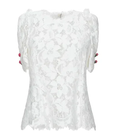 Dolce & Gabbana Solid Color Lace Short Sleeve Top In White