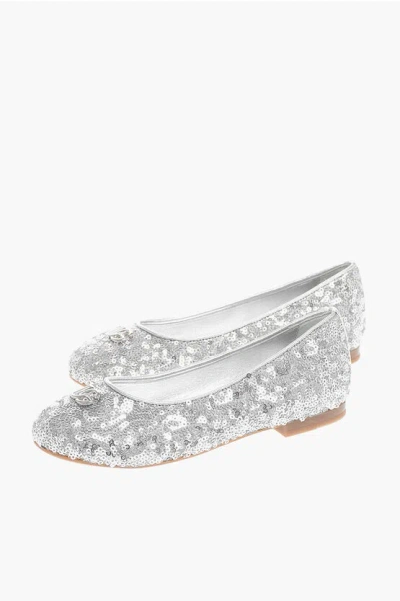 Dolce & Gabbana Solid Color Sequined Ballet Flats With Metal Logo In Neutral