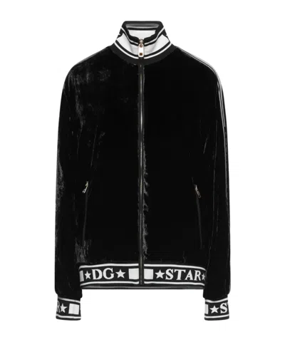 Dolce & Gabbana Solid Color Velvet Long-sleeve Turtleneck Coat In Black