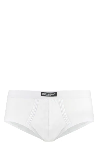 Dolce & Gabbana Solid Cotton-blend Briefs With Elastic Waistband In White