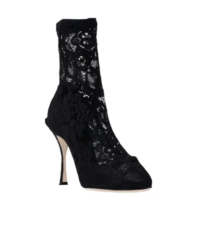 Dolce & Gabbana Solid Lace Ankle Boots In Black