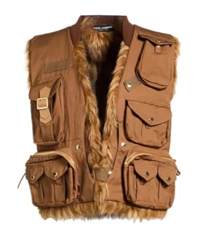 Dolce & Gabbana Solidcolor Sleeveless Canvas Jacket In Brown