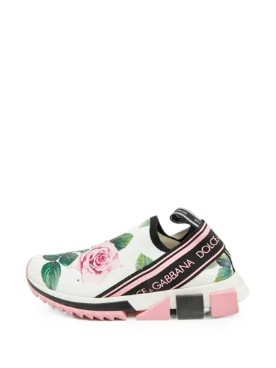 Pre-owned Dolce & Gabbana Sorrento Floral-print Sneakers In White
