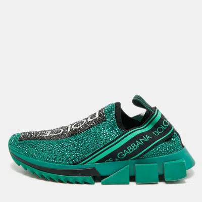 Pre-owned Dolce & Gabbana Sorrento Size 39.5 Green Knit Fabric Crystal Embellished Slip On Sneakers
