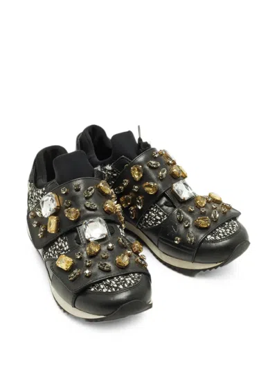 Pre-owned Dolce & Gabbana Space Crystal-embellished Leather Sneakers In Black