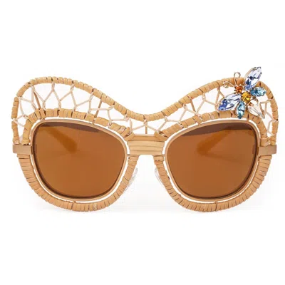 Pre-owned Dolce & Gabbana Special Edition Butterfly Straw Sunglasses Crystals Gold 09423 In Brown