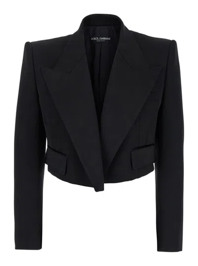 DOLCE & GABBANA 'SPENCER' BLACK SINGLE-BREASTED CROPPED JACKET WITH PEAK REVERS IN VELVET WOMAN