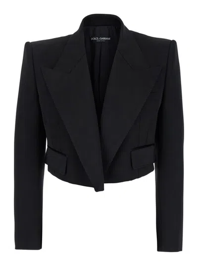 Dolce & Gabbana 'spencer' Black Single-breasted Cropped Jacket With Peak Revers In Velvet Woman