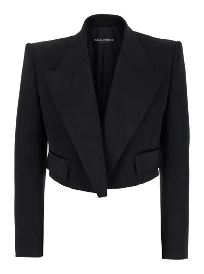 DOLCE & GABBANA SPENCER BLACK SINGLE-BREASTED CROPPED JACKET WITH PEAK REVERS IN VELVET WOMAN