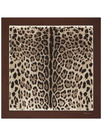 Dolce & Gabbana Silk Leopard Print Scarf In Brown