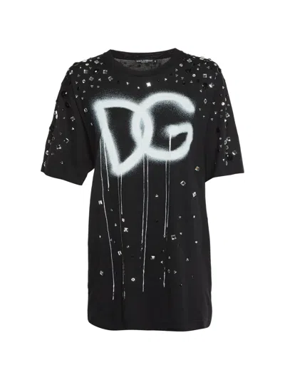 Pre-owned Dolce & Gabbana Spray-paint-print Embellished T-shirt In Black