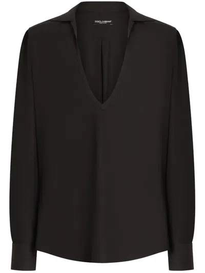 Dolce & Gabbana Cotton Blend V Neck Shirt In Black