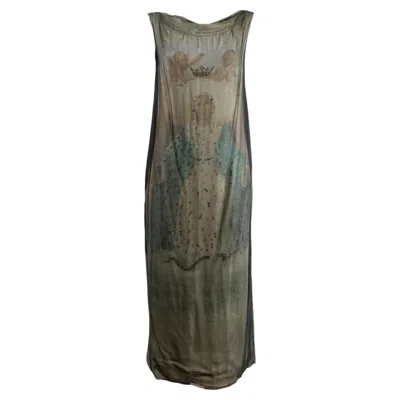 Pre-owned Dolce & Gabbana Dolce Gabbana Spring 1998 Kate Moss Printed Silk Madonna Dress In Green