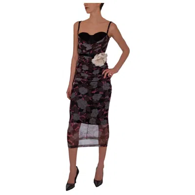 Pre-owned Dolce & Gabbana Spring 2004 Floral Tulle Ruched Dress In Black