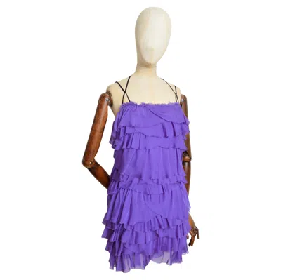 Pre-owned Dolce & Gabbana Spring 2005 Pure Silk Purple Strappy Mini Dress With Frills