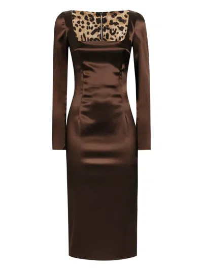Dolce & Gabbana Square-neck Satin Midi Dress In Brown