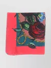 DOLCE & GABBANA SQUARE SCARF WITH FLORAL PRINT AND FRINGED EDGES