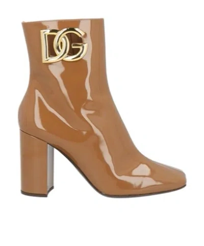 Dolce & Gabbana Square-toed Patent Leather Ankle Boots In Nude