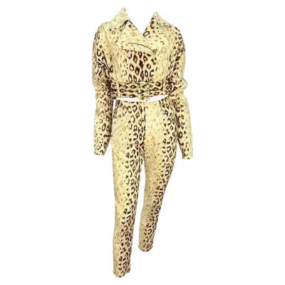 Pre-owned Dolce & Gabbana S/s 1992  Creme Leopard Print Cropped Biker Jacket Pant Set In Sand