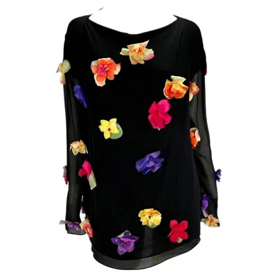 Pre-owned Dolce & Gabbana S/s 1993  Runway Floral Appliqué Tunic Black Sheer Silk Top It40