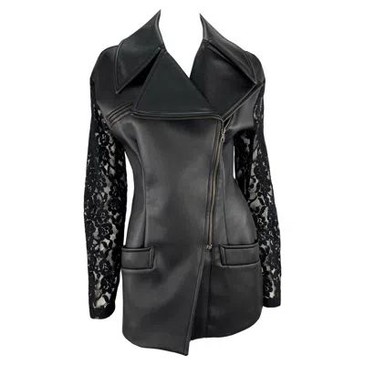 Pre-owned Dolce & Gabbana S/s 1993  Sheer Backless Lace Black Leather Zip Biker Jacket