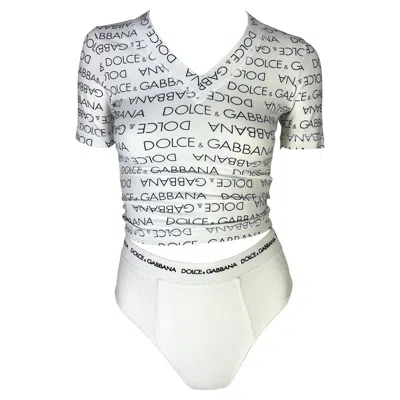 Pre-owned Dolce & Gabbana S/s 1995  White Logo Print Stretch V-neck Brief Set S / It40