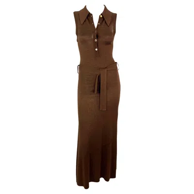 Pre-owned Dolce & Gabbana S/s 1996  Runway Brown Knit Bodycon Belted Maxi Collared Dress