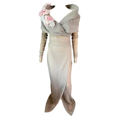 Pre-owned Dolce & Gabbana S/s 1998 Runway Floral Appliqu� Sheer Mesh Coat Evening Dress In Beige