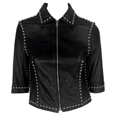 Pre-owned Dolce & Gabbana S/s 2000  Ad Studded Black Leather Cropped Zip Mini Moto Jacket