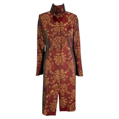 Pre-owned Dolce & Gabbana S/s 2000  Burgundy Satin Gold Jacquard Woven Long Coat In Red