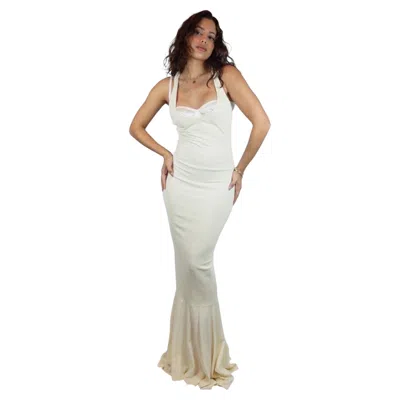 Pre-owned Dolce & Gabbana Ss 2001 Ivory Bustier Mermaid Gown With Criss-cross Open Back In White