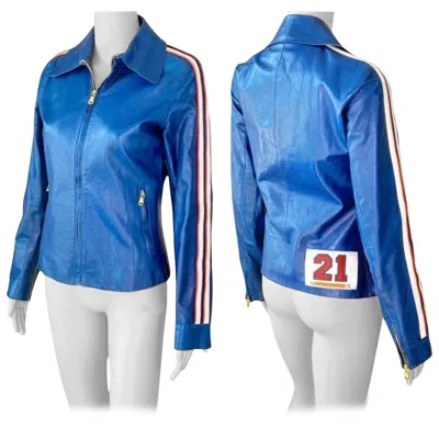 Pre-owned Dolce & Gabbana S/s 2001 Leather Biker Moto Blue Crop Jacket Coat