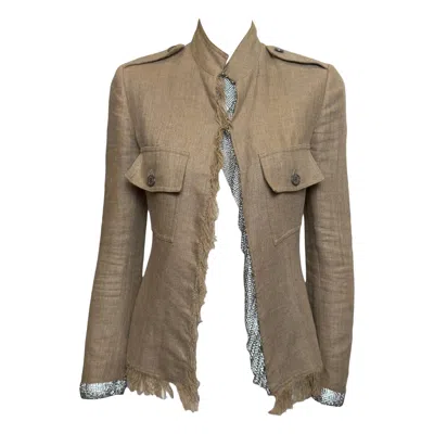 Pre-owned Dolce & Gabbana S/s 2001 Sand Fringed Linen Military Jacket With Crystal Mesh Trim In Brown