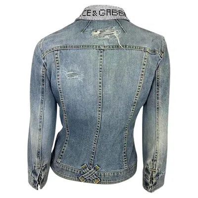 Pre-owned Dolce & Gabbana S/s 2003  Distressed Light Wash Denim Jacket Rhinestone Spell In Gray