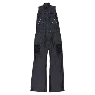Pre-owned Dolce & Gabbana S/s 2003  Linen Utility Parachute Cargo Jumpsuit In Black