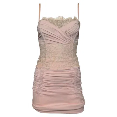 Pre-owned Dolce & Gabbana S/s 2004 Silk Ruched Lace Mini Dress In Brown