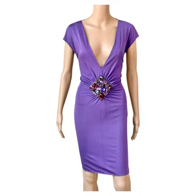 Pre-owned Dolce & Gabbana S/s 2005 Crystal Embellished Plunging Mini Dress In Purple