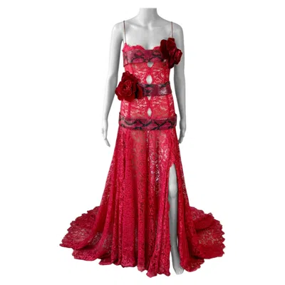 Pre-owned Dolce & Gabbana S/s 2005 Runway Red Lace Python Leather Train Evening Dress Gown
