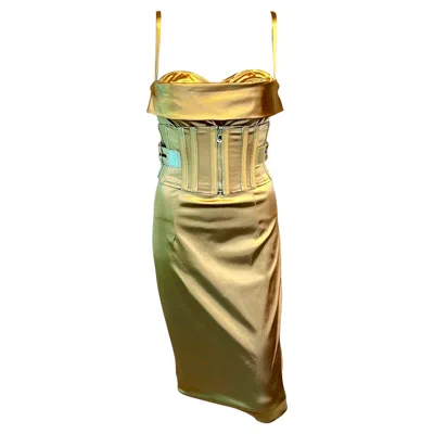 Pre-owned Dolce & Gabbana S/s 2007 Corset Belted Bra Bustier Bodycon Gold Acetate Dress In Brown